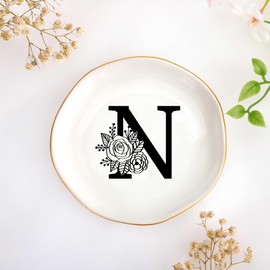 JoycuFF Initial N Ceramic Jewelry Tray, Bridesmaid Bride Gifts, Mothers Day Christmas Anniversary Engagement Birthday Gifts for Women Couples, Trinket Dish for Rings Earrings Necklaces Bracelets Keys