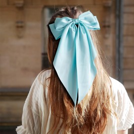 Hair Bows for Women Girls 4PCS Baby Blue Silky Satin Hair Bow Large Coquette Bow Hair Clip Oversized Hair Ribbons Long Tail Hair Barrettes Hair Accessories Gifts