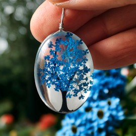 ZEN&TAO Oval Transparent Dried Flowers Pendant Women Necklace with Black Cord Chain Gift for All Occassions (Yale Blue)