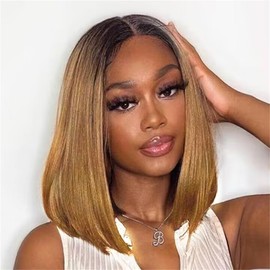 Twigoal Ombre Straight Bob Wigs Human Hair T1B/27 Highlight Honey Blonde 4x4 Lace Closure Bob Wigs Human Hair 180% Density 12Inch