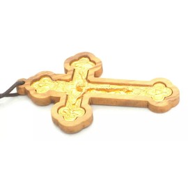 Olive Wood - Gold-Tone Inset Cross Necklace Made in Italy