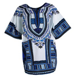 Qianly Unisex African Prints Dress Cotton Dashiki Shirt Ethnic Caftan, Blue, as described