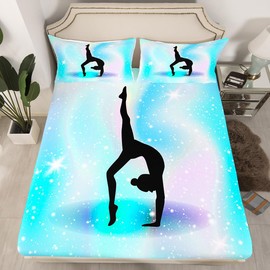 Erosebridal Gymnastics Bed Sheets Set Full Size, Gymnastics Lover Sheet Set Gymnastics Gifts for Girls, Space Star Glitter Sheets Tie Dye Starry Sky Flat Fitted Sheet Rainbow Decor, Teal Blue