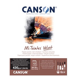 CANSON Mi-Teintes Velvet Pastel Paper, Velvety Surface, 430 g/m², Glued on Short Side Pad, 24 x 32 cm, Black, 12 Sheets