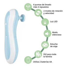 Set Lima de Uñas Eléctrica Kimhi para Bebés y Adultos con Luz Led, Silenciosa y Estuche Azul