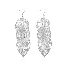QIAOLEHUI Lightweight Bohemian Boho Filigree Leaf Chandelier Dangle Earrings for Women Handcrafted Gold Plated Earring (Silver)