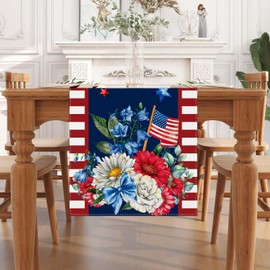 Watercolor Red White and Blue American Flag Stars Table Runner 4th of July Memorial Day Veterans Day Patriotic Decoration and Supplies for Home 13x72 Inch