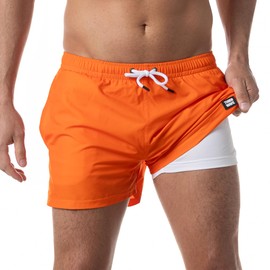 Third Wave Swim Trunks for Men with Compression Liner and 3 Inch Inseam - Premium Swim Shorts and Bathing Suit for Swimming, Orange, Large