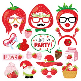 25Pcs Strawberry Photo Booth Props for Fruit Birthday Party Decorations, Strawberry Theme Selfie Props Photography Backdrop Decorations for Strawberry Birthday Party Supplies