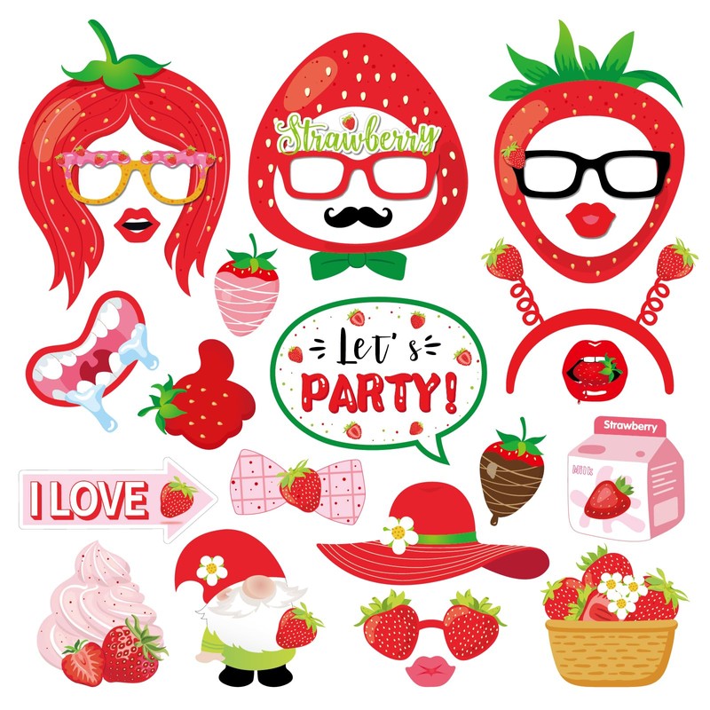 25Pcs Strawberry Photo Booth Props for Fruit Birthday Party Decorations,