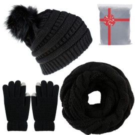 CheChury Knitted Hat Winter Hat Scarf Set Beanie Knitted Fleece Bobble Touchscreen Gloves Set Winter Scarf Combi Set Loop Chunky Knit Scarf Women's Gift Winter Accessories, black, Einheitsgröße