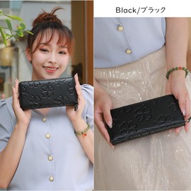 CHAMESH Women's Long Wallet, Genuine Leather, Anti-Skimming, Quatrefoil Flower Pattern, Stylish, Black