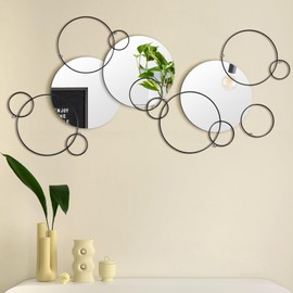 Hicarer 9 Pcs Split Decorative Wall Mirror Modern Black Wall Decor DIY Metal Wall Mirrors for Living Room Decor Circle Plates Overlapping Decorations Wall Decor Set for Hallway Entryway