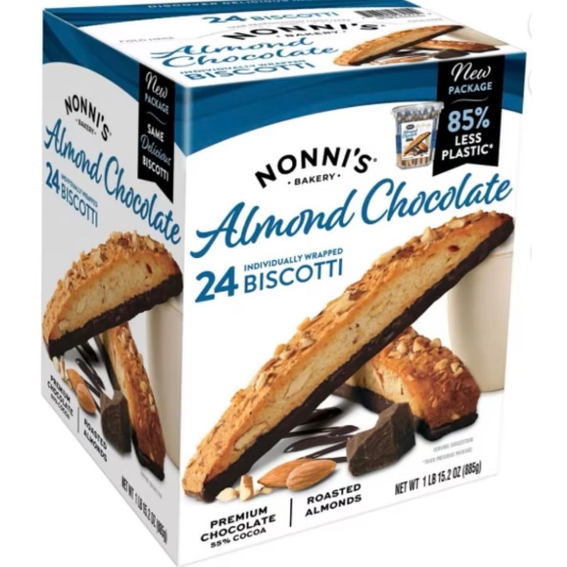Nonni's Almond Chocolate Biscotti, 24 Count, Dark Chocolate Dipped, Individually