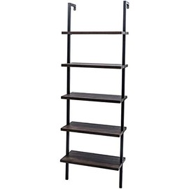 Industrial Bookshelf 5-Tier Modern Ladder Shelf, Vintage Metal Pipes and Wood Shelves, Ladder Shelf Wall Mounted Bookcase (Dark Walnut and Black Frame, 5-Shelf Bookcase)