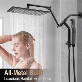 All Metal 12 Inch Rain Shower Head with Handheld Built-in Power Wash Mode, High Pressure Waterfall Rainfall Square Shower Heads with 16" Adjustable Extension Arm, Dual Showerhead, Matte Black