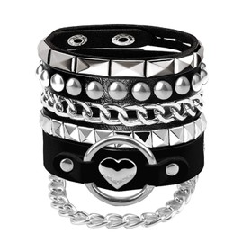 80s 90s Womens Faux Leather Bracelets with Heart/Pyramid/Chain,3Pcs Emo Punk Wrap Wrist Cuffs Jewelry Accessories Gothic Gift