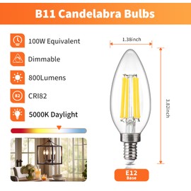 ALAMPEVER E12 LED Bulb 100 Watt Equivalent, 800LM Super Bright Dimmable LED Light Bulb, B11 5000K Daylight White LED Candelabra Bulb, 5.5W, 12 Pack
