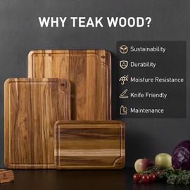 3 Pack Teak Wood Cutting Board Set for Kitchen Charcuterie Board Serving Heavy Duty Non Toxic Slip Over Sink Solid Thick Haus Wooden Chopping Board Large Big Small Meat Best Kitchen Essential Gift