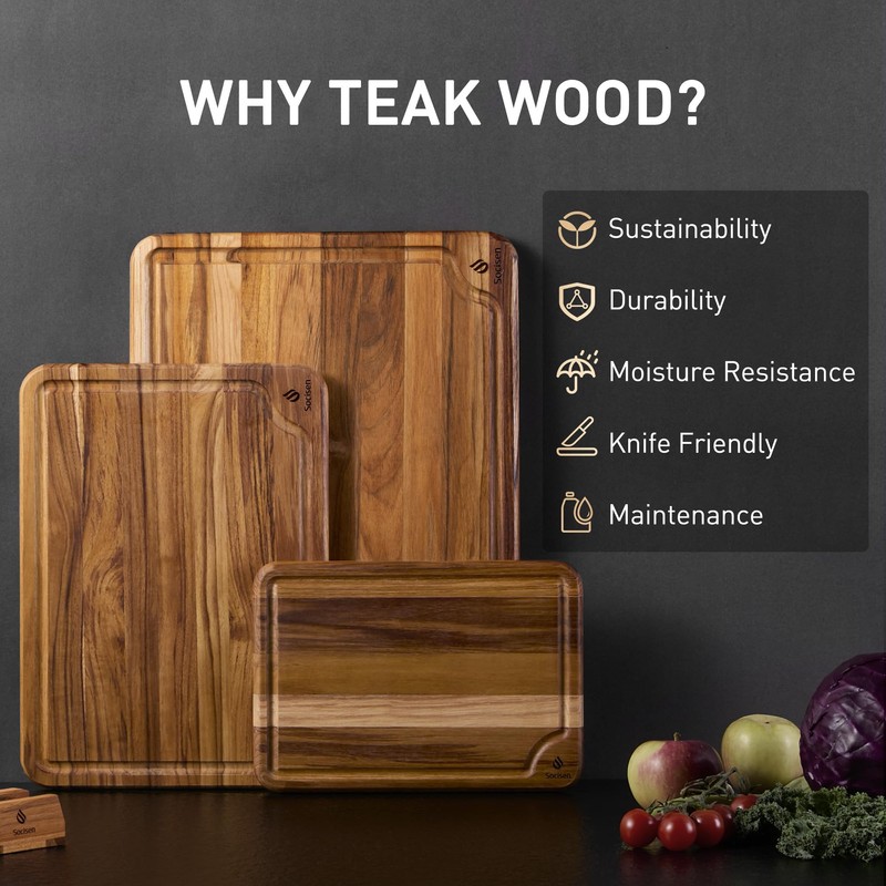 3 Pack Teak Wood Cutting Board Set for Kitchen Charcuterie