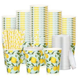 Generic AnyDesign 50 Sets Lemon Paper Cups with Paper Straws Plastic Lids 12OZ Disposable Coffee Tea Cups for Summer Holiday Fruit Party Juice Drink Beverage Bar Supplies