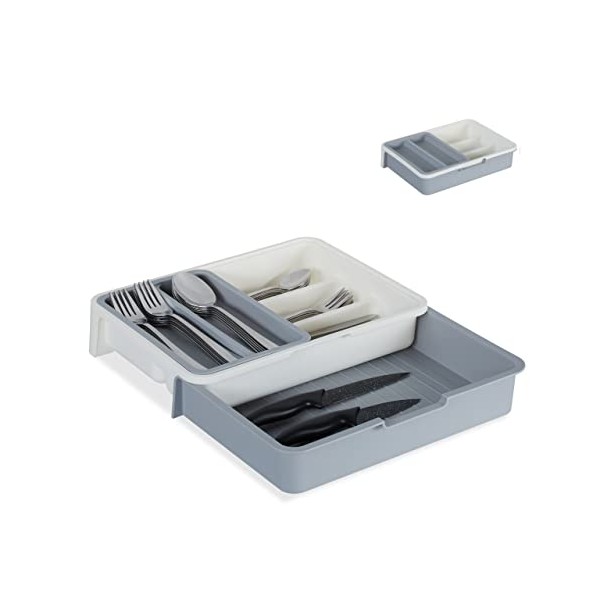 Relaxdays 10027748_111 Cutlery Tray, Extendable, 7 Compartments for Silverware & Kitchen Utensils, HWD 6x23.5x31.5 cm, PP, White-Grey