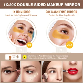 1X/20X Magnifying Mirror with Light, Double Sided Makeup Mirror with Adjustable 3 Color Light, 2000mAh Rechargeable Lighted Magnifying Mirrors with Tweezer, Foldable Travel Mirror with Rotation
