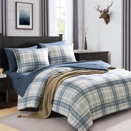 MaiRêve Plaid Twin XL Comforter Set, Blue Grey Grid Bedding Set for Boys & Girls, Classic Checkered Bed in A Bag Comforter Sets with Fitted & Flat Sheet, Pillowcase & Sham(Blue Grey, 66"x90")