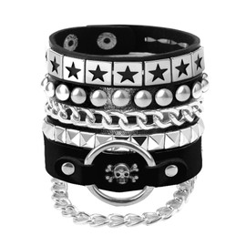 3Pcs Soft Leather Bracelets with Stars/Pyramid/Chain, Emo Y2K Wrap Wrist Cuffs Jewelry Accessories Gothic Gift for Vintage Women (Black+Skull Style)