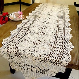 Tablecloth Handmade Crochet Cotton Lace Table Runner 100% Cotton Nordic Handmade (White, 40x150cm)