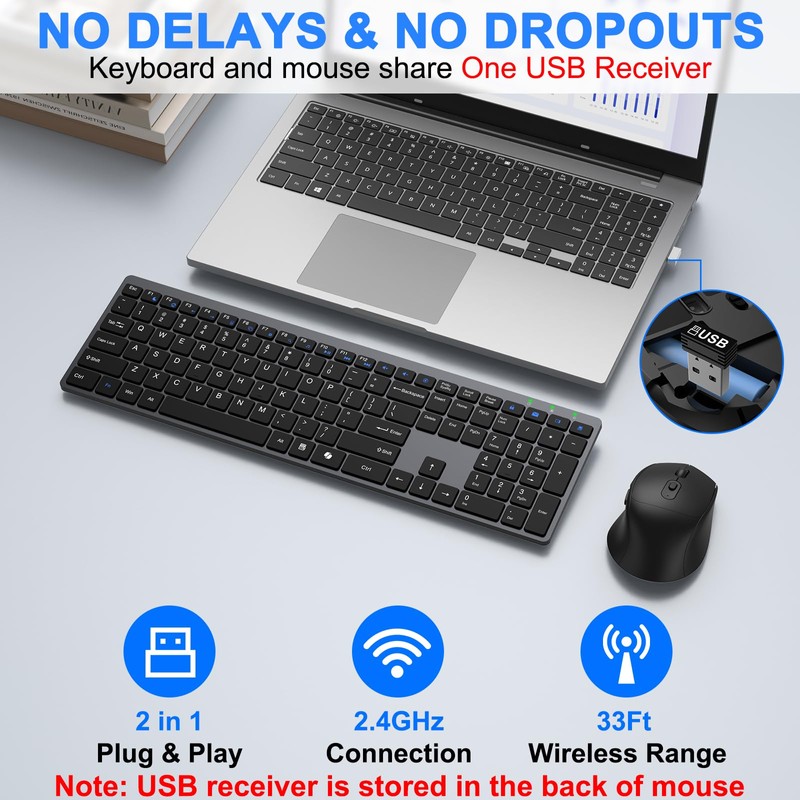 Wireless Keyboard and Mouse Combo, Full Size Silent Ultra Thin