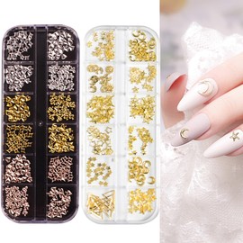 2 Boxes Gold & Silver Metal Nail 3D Star Heart Triangle Poker Rivet Gems DIY Nail Art Decoration US185