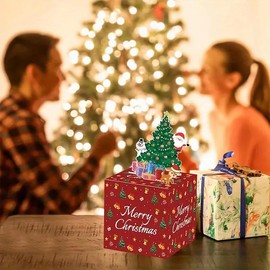 OBLEGY Christmas Money Box for Cash Gift Pull, Pull Money Box for Cash Gift DIY, Red Christmas Tree Santa Money Pulling Money Holder for Christmas Birthday Party Surprise Supplies