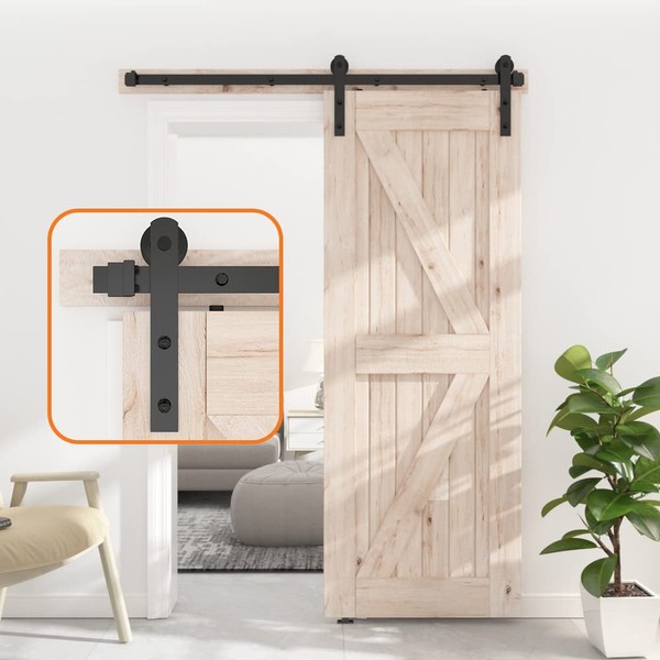 SKYSEN 5.5FT Single Sliding barn Door Hardware kit, Barn Door Track, 1/4” Thick Material- 4FT-13FT Available- Smooth and Quiet- Easy to Install- Black (I Shape)