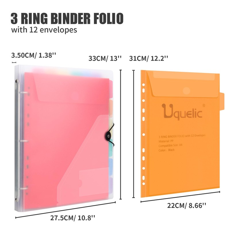 Uquelic A4 Folder Organiser, Ring Binder with 12 Document Folder