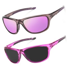 LVIOE 2P Sunglasses Women's Sports Glasses Polarised with Wrap Around Design and UV400 Protection, A05 Transparent Grey/Purple + Purple/Grey