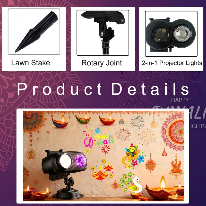 Happy Diwali Projector Lights Outdoor, 2-in-1 Moving Patterns Projector, Festival