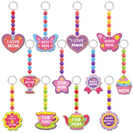 Kenning 24 Pcs Mother's Day Keychains Gifts Bulk Wooden Mother's Day Keychains with Plastic Beads Best Mom I Love Mom Gifts for Women Mother Party Favors