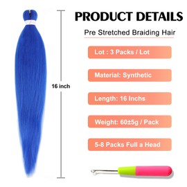 ADIASAI Braiding Hair Pre Stretched 16 Inch 3 Packs, Blue Pre stretched Braiding Hair for Professional Braiding Hair Extensions, Hot Water Setting Yaki Texture Synthetic Hair