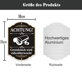 Sign Achtung Grundstück wird videoüberwacht 2 pieces, 25 cm x 18 cm aluminium sign with video surveillance. For yard, carport and residential complex, both outdoor and indoor