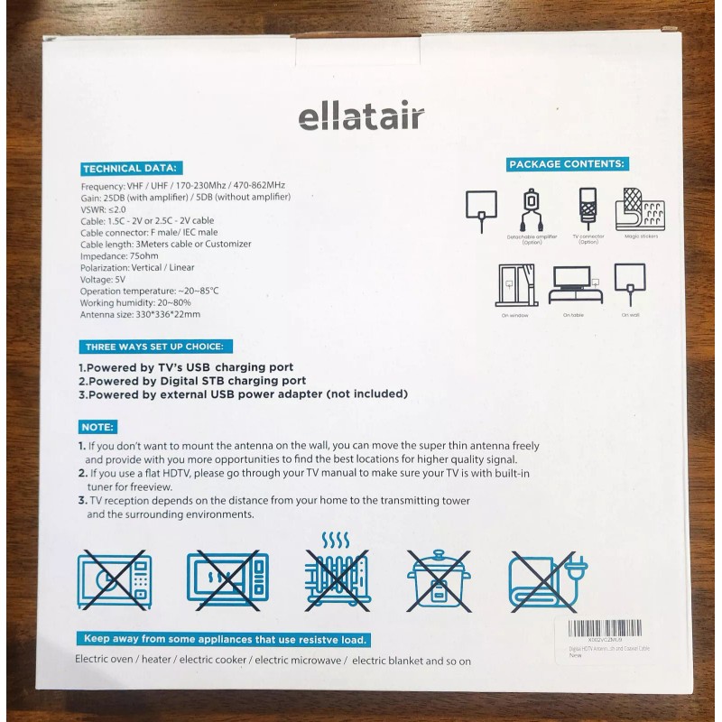 Ellatair Digital HDTV Antenna Ultra Thin NEW