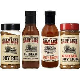 Salt Lick Favorites Assortment, one each of Original Dry Rub, Original Sauce, Spicy Sauce and Garlic Dry Rub