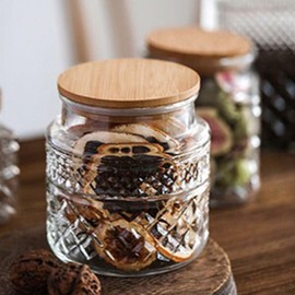LUCKTE Glass Storage Jar, Food Containers with Airtight Bamboo Lids for Candy Snack Coffee Sugar Cookie Airtight Glass Jars Kitchen Containers Cereal Canisters Vintage Glass Canisters (Small Round)