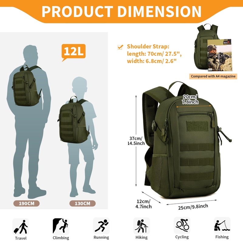 HUNTVP 12L Small Daypack Schoolbag Molle Backpack Student School Rucksack