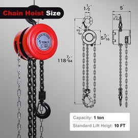 AAIN Hand Chain Hoist, 1 Ton (2200 lbs) Capacity, 10 Feet with 2 Heavy-Duty Hooks. Manual Hand Lift Steel Chain Block Hoist for Lifting Goods in Transport and Workshop - Red.