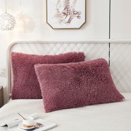 Uhamho Set of 2 Standard Pillowcases Faux Fur Throw Pillow Covers Queen Size Shams Soft Velvet Decorative Zipper Closure (Dusty Rose, 20"x26")