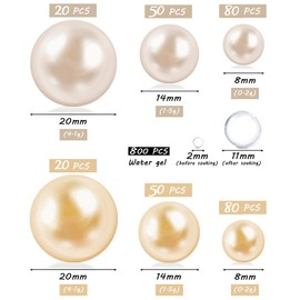 Cusmation 300 Pcs Cream and Gold Beads for Vase and 800 Pcs Water Pearls for Vases, Floating Beads for Centerpieces Vases Pearl Decor Gold Pearl Beads Wedding Birthday Floral Brushes Holder 8/14/20 mm