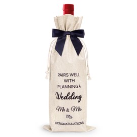 Mr and Mrs Gifts, Wedding Gifts for Couples 2025 Bridal Shower Bride To Be Gift for Mr and Mrs Just Married Decorations- Pairs Well With Planning A Wedding - Reusable Wine Bag w/Black Bow