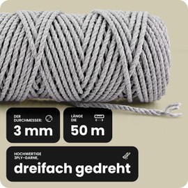 Netuno 1 x Macrame Yarn, Grey, 3 mm, 50 m, Triple-Twisted Cotton Cord, Natural Cord, Cotton Craft Cord, 3-Ply Twisted Cotton Cord