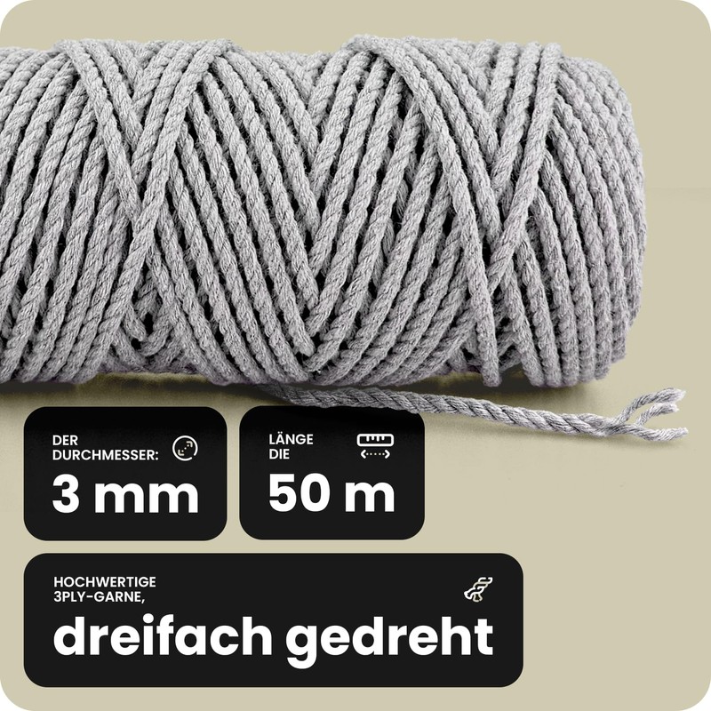 Netuno 1 x Macrame Yarn, Grey, 3 mm, 50 m,